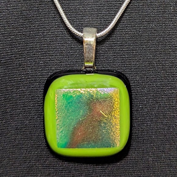 Postmodern Signed Iridescent Dichroic, Lime Green Glass Pendant w/Sterling Chain - Picture 1 of 6